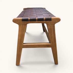 Muebles de Exterior Modernos de Madera de Teca, Banco de Madera Maciza con Correa de Cuero Tejida, para Entrada, Balcón, Jardín, Patio, Venta Directa de Fábrica al por Mayor - Product Image 3