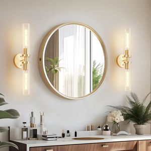 Set di Due Applique da Bagno Moderne Dorate con Vetro Trasparente, Illuminazione a Parete Elegante e Moderna - Product Image 4