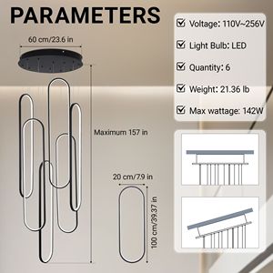 Lampadario a sospensione LED dimmerabile a 3 colori contemporaneo da 157 pollici, nero, per soffitti alti - Product Image 6