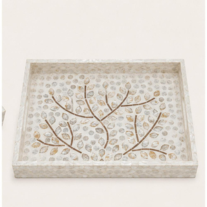 Plateau de service rectangulaire en nacre incrustée fait main, motif mosaïque arbre, plateau décoratif de luxe pour table basse ou ottoman - Product Image 3