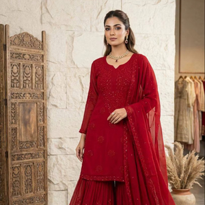 Elegant Georgette Kurti Sharara Set for Women with Heavy Sequence Embroidery Work - Product Image 1