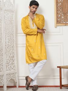 <b>Men's</b> Yellow Embroidered Kurta <b>Pajama</b> Set Traditional Indian Pakistani Ethnic Wear - Product Image 4