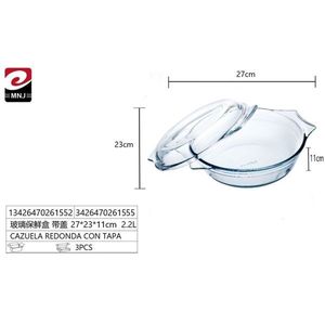 Ciotola in vetro con coperchio 27x23x11cm 2.2L Contenitore rotondo per alimenti per uso in cucina - Product Image 1