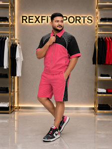 REXFIT SPORTS 2026 Ensemble de survêtement rose et noir personnalisé, veste zippée à manches courtes et short long, deux pièces, style streetwear - Product Image 2