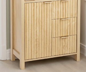 NOUVEAU Meuble de rangement moderne en chêne clair cannelé avec étagère ouverte, 1 porte et 3 tiroirs, buffet en bois pour salon et entrée - Product Image 2