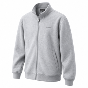 Custom Unisex Full Zip <b>Sweatshirt</b> Jacket Heather <b>Grey</b> Cotton Fleece Stand Collar with Tonal 3D Embroidered Logo OEM Private - Product Image 2