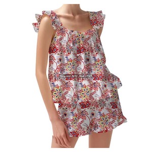 Femmes coton main bloc imprimé robe de nuit Shorts pyjama ensemble pour printemps/été Floral ajusté à bretelles volants garniture manches PJ ensemble - Product Image 6
