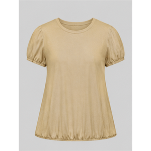 Camiseta de Mujer, Cuello Redondo, Manga Corta Abullonada, Corte Holgado, Color Beige Dorado, WTS-0154 - Product Image 1