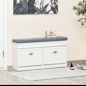 Moderna panca portaoggetti per scarpe grigio bianco con imbottitura spessa e chiusura a gancio e ad anello per ingresso corridoio - Product Image 2