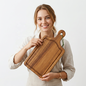 Planche à découper rectangulaire en bois d'acacia durable avec poignée, épaisseur 1,5 cm, collection artisanale pour la cuisine, la viande, le fromage et le service - Product Image 4