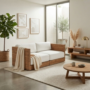 Sofá doble de madera premium, tipo cubo, de 2 plazas, minimalista, moderno, de teca, con cojín cómodo, para decoración de sala de estar. - Product Image 4