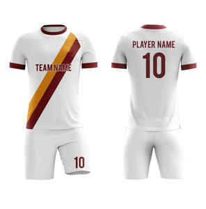 เสื้อฟุตบอลแบบซับลิเมชั่นสั่งทำพิเศษสำหรับผู้ชาย สีขาว-แดงเลือดหมู ลายทางสีทอง ชุดยูนิฟอร์มแขนสั้น สำหรับทุกฤดูกาล ผลิตจากโพลีเอสเตอร์ซับเหงื่อ - Product Image 1