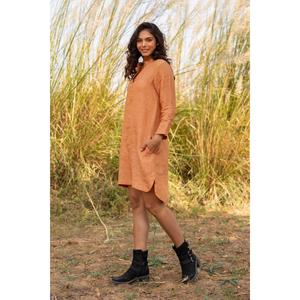 Vestido Maxi de Algodón y Lino Naranja para Mujer, Manga Larga, Estilo Casual Holgado, Estilo Étnico, Vestido Midi con Bolsillos - Product Image 3