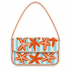 Bolso de hombro con solapa y cuentas, diseño de estrella de mar naranja, hecho a mano, moderno, para fiestas nocturnas - Product Image 1