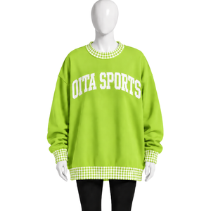 <b>Mens</b> Lime Green Crewneck Sweatshirt Gingham Check Trim <b>Long</b> <b>Sleeve</b> Casual Pullover Fashion Streetwear Athletic Sports <b>Top</b> - Product Image 1