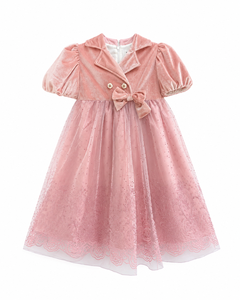 Vestido de Fiesta Formal para Niñas, Color Rosa, Terciopelo, Corte en A, con Mangas Abullonadas, Lazo y Falda de Tul Estampada - Product Image 1