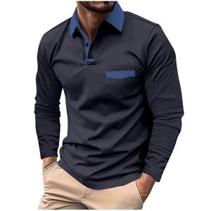 Polo décontracté pour hommes 100 % coton en toile à manches longues, boutonné, à rayures, uni, coupe classique, printemps, été, automne - Product Image 5