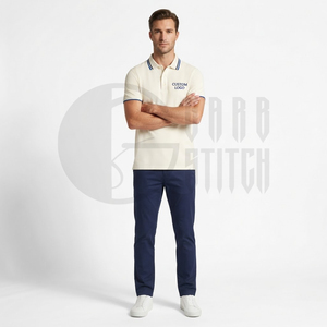 Polo de Manga Corta Color Crema para Hombre con Ribete Azul, Corte Regular, Estilo Casual Elegante, Tejido de Piqué de Algodón, Transpirable, Diseño Sólido - Product Image 3