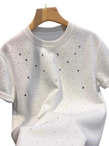 Camiseta con estampado de estrellas y diamantes de imitación para hombre, nuevo diseño, con cristales brillantes, negro y blanco, manga corta, ropa de calle, alta calidad - Product Image 5