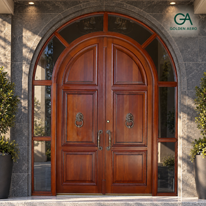 Porte d'entrée double en bois massif cintrée Golden Aero avec panneaux latéraux et transom en verre pour l'extérieur de villa - Product Image 1