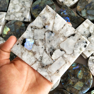 Labradorite & Rainbow moonstone 4inches square, round shape <b>coasters</b> handmade gemstone <b>table</b> <b>coasters</b> for home decor gift - Product Image 5