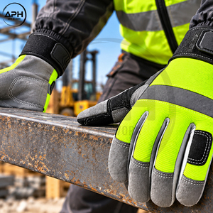 Hi Visibility Yellow Mechanics Work <b>Gloves</b> Grey Suede Leather Reinforced Palm Hook Loop Wrist Band Reflective Working <b>Gloves</b> - Product Image 5