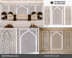 Elegante telón de fondo de boda color marfil para escenario de recepción, paneles decorativos de lujo estilo mogol con trabajo Jali plateado, en venta. - Product Image 6