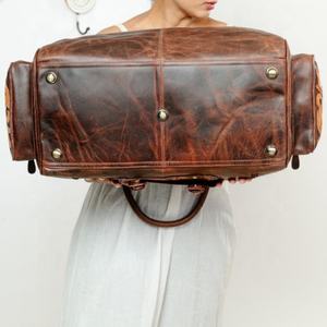 Unisex Genuine <b>Leather</b> <b>Duffle</b> <b>Bag</b> Unique Aztec Tooled Tassel Embossed Design New Western Traditional Zipper Closure Travel <b>Bag</b> - Product Image 4