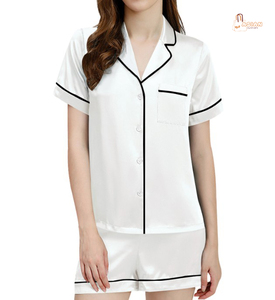 Women <b>White</b> Short Sleeve Pajama <b>Set</b> With Black Trim Turn-down Collar Cotton Casual Sleepwear Summer Shorts Style - Product Image 5