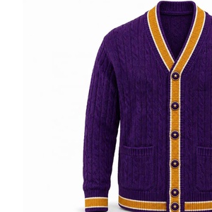 Nouveauté universitaire : Cardigan rétro personnalisé de haute qualité pour homme, style universitaire, col en V, violet, or, blanc - Product Image 5