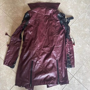 Men's Gothic Steampunk Faux Leather Windproof Trench Coat Maroon <b>Zip</b> <b>up</b> <b>Jacket</b> Lace <b>up</b> Sleeve Front Logo Costume - Product Image 4