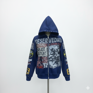 Sudadera con capucha y cremallera azul de la marca Reserved Streetwear, con logotipos personalizados en varios colores, para hombre, cómoda. - Product Image 1