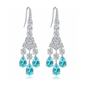 Boucles d'oreilles de luxe en forme de lustre avec cristaux goutte d'eau turquoise, plaquées rhodium, bijoux de mariage pour femmes - Product Image 2