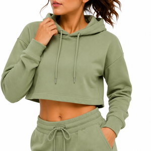Ensemble sweat à capuche 2 pièces vert olive pour femme, manches longues, coupe ample, décontracté, en polaire unie polyester/coton, anti-rétrécissement, toutes saisons - Product Image 2