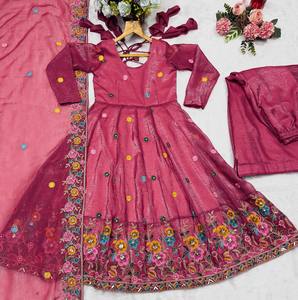 Premium crunchy silk multi embroidery <b>sequins</b> gown full sleeves cotton inner sharara set dupatta embroidered wear women outfit - Product Image 4