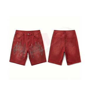 Men's Red Denim Shorts With Rhinestone Flame Design Mid Waist Casual Summer Style Woven Cotton Straight Leg - Product Image 1