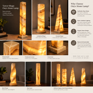 Lampe de table en pierre d'onyx polie naturelle translucide en forme de pilier pyramidal pour salon, chambre à coucher, décoration de Noël - Product Image 1