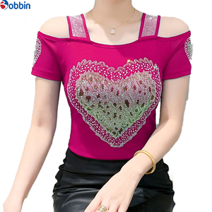 Camiseta de mujer con diamantes y corazón grande, cuello cuadrado, brillante, con pedrería, de doble capa, transpirable, de malla, para chicas. - Product Image 5