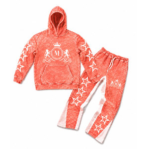 Ensemble de survêtement à capuche délavé à l'acide corail avec étoiles blanches et pantalon long à cordon de serrage 350 g/m² 100 % coton Streetwear - Product Image 1