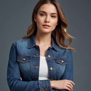 Veste en jean délavé foncé avec finition personnalisée Col à pression Poches chauffe-mains sur la poitrine Fermeture à glissière avec bouton Broderie XS à XXL - Product Image 3