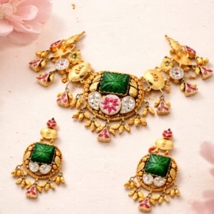 Traditional Indian Gold Necklace Set with Green Emerald Pink <b>Stones</b> and Matching Earrings Bridal Ethnic Temple Jewelry - Product Image 4