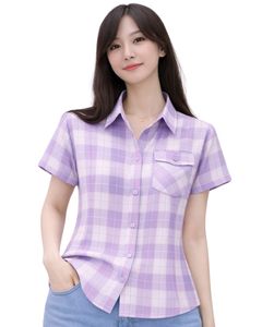 Lavender And White Plaid Womens Short Sleeve Button Up Shirt Casual Summer Lightweight Breathable <b>Checkered</b> <b>Top</b> With Pocket - Product Image 1