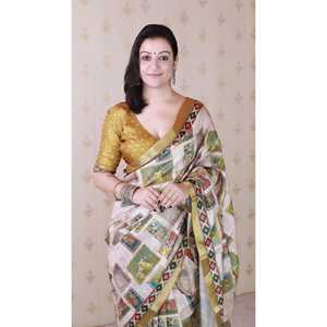 ผ้าไหมทัสซาร์สีทองลายพิมพ์คาลัมคารีแบบหนา สำหรับผู้หญิง พร้อมขอบทอผ้าด้วยไหมซารี - Product Image 4