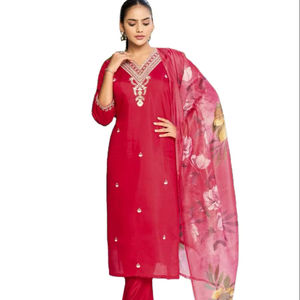 Salwar Kameez / Kurti 3 pièces prêt-à-porter, couleur rouge éclatante, style col en V, tissu soie romaine, tailles S à 3XL, prix de gros. - Product Image 1