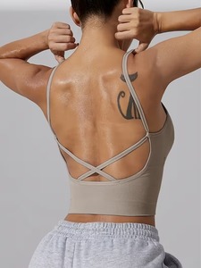 Ladies Low Cut Plunge Strappy Yoga <b>Bra</b> | Soft Breathable Running Crop Tank | Solid Color Non-Printed <b>Stretch</b> Gym Brassiere - Product Image 2