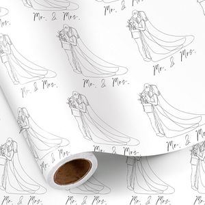Elegante Rollo de Papel de Regalo para Boda, Diseño Romántico con Texto de Mr. y Mrs. para Parejas, Papel de Embalaje para Novios - Product Image 1