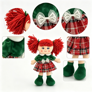 customized Top-down flat lay plush rag <b>doll</b>, bright red yarn double pigtails, rosy blush cheeks, blue eyes, gentle smile - Product Image 3