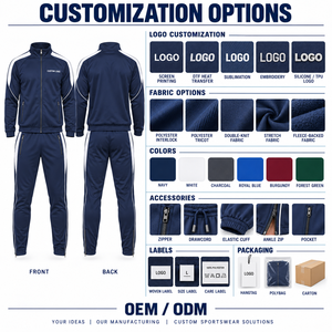 Ensemble de survêtement bleu marine pour homme avec fermeture éclair intégrale, bande blanche, logo personnalisé, style sportif, en polyester, pour l'automne - Product Image 2