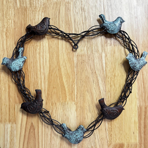 Rustic Wire Heart Wreath Adorned With Charming Distressed Metal Birds, Elegant Verdigris Style Hanging <b>Wall</b> <b>Decor</b> Accent Piece - Product Image 3