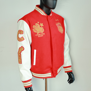Red Varsity Letterman <b>Jacket</b> Woolen Baseball Coat with <b>Leather</b> Sleeves Custom Embroidery Button Front for Men - Product Image 4
